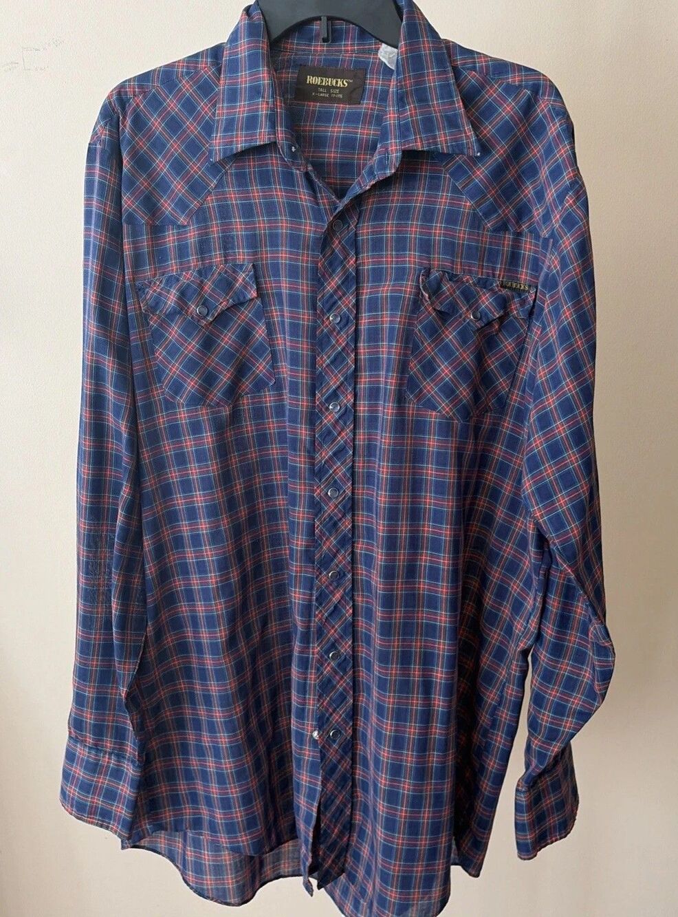 Vtg. 80’s Sears Roebuck Co. Men Shirt Pearl Snap Long Sleeve Thin Plaid XLT Navy